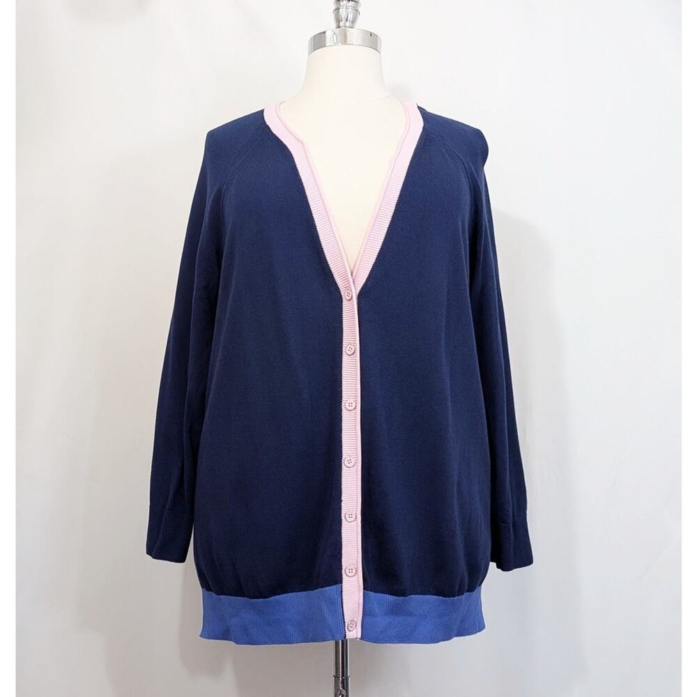 Talbots Cardigan Sweater Navy Blue Pink Cotton Blend Women's Size 2X